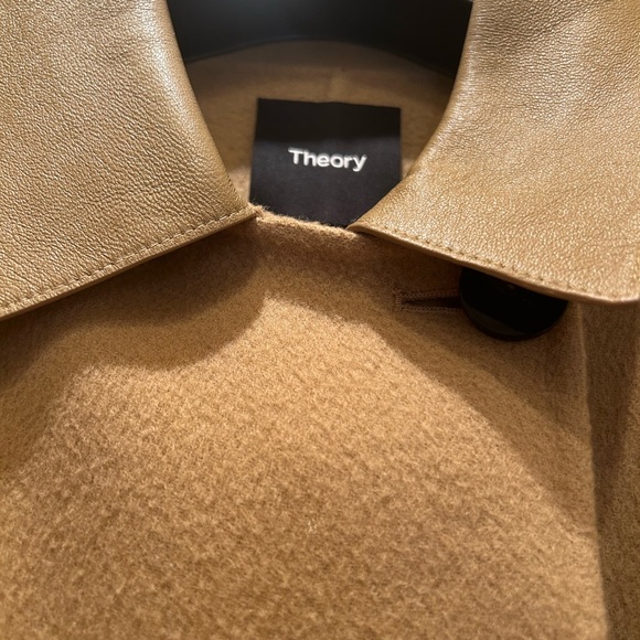 Theory easy one-button coat (underneath leather-like collar) and side pockets. - Picture 2 of 2